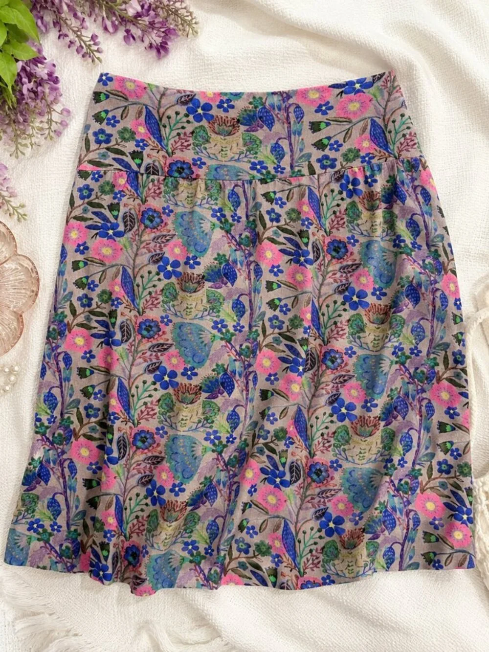 Natural Life Floral Boho Mini Midi Skirt Cottagecore Fairycore Festival Rayon M